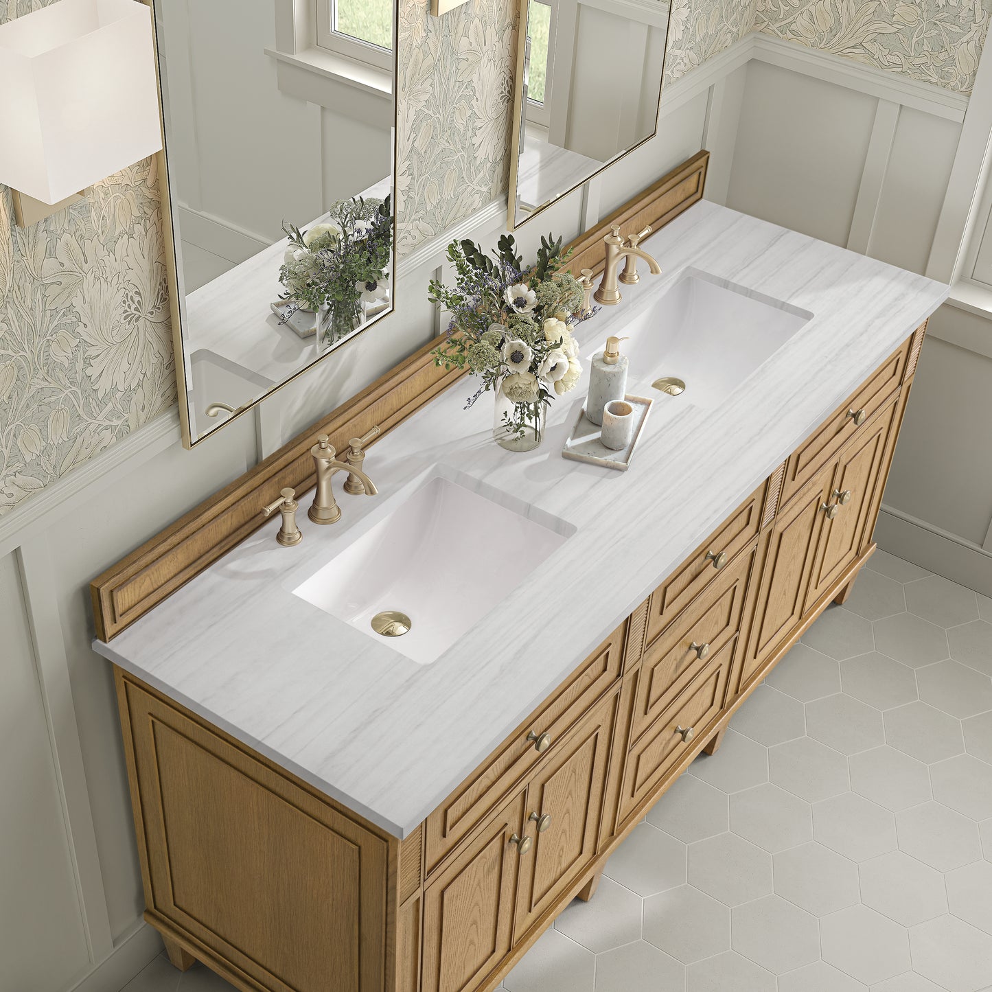Lorelai 72" Double Vanity, Light Natural Oak w/ 3 CM Arctic Fall Solid Surface Top