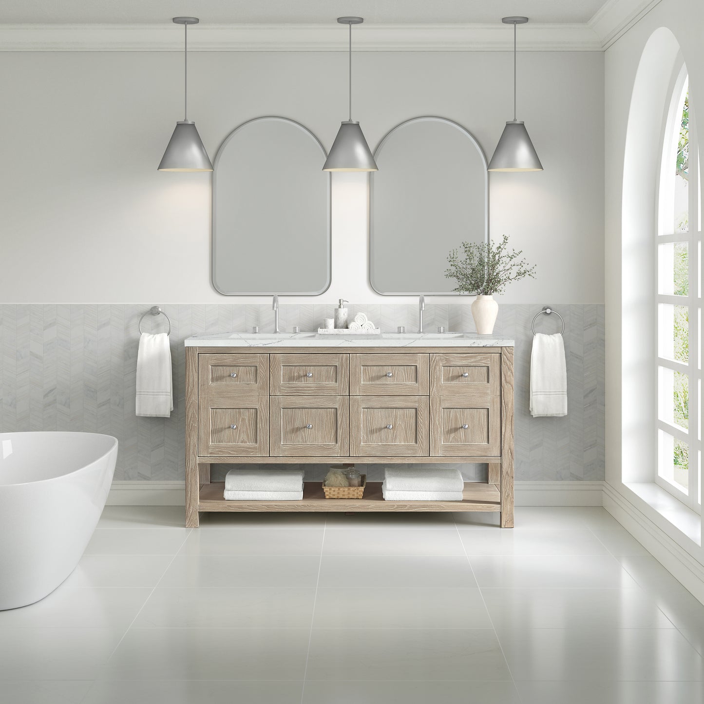 Breckenridge 60" Double Vanity, Whitewashed Oak, w/ 3 CM Ethereal Noctis Quartz Top