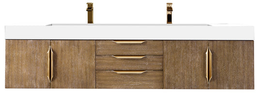 Columbia 72" Double Wall Mount Vanity, Latte Oak, Radiant Gold w/ Glossy White Composite Stone Top
