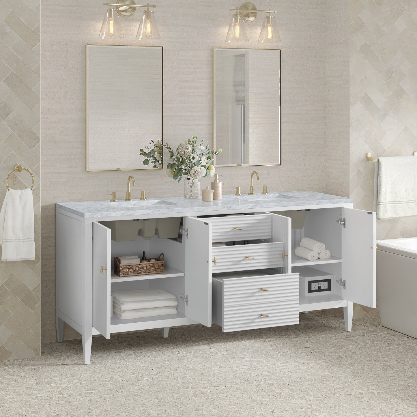 Myrrin 72" Double Vanity, Bright White w/ 3 CM Carrara White Marble Top