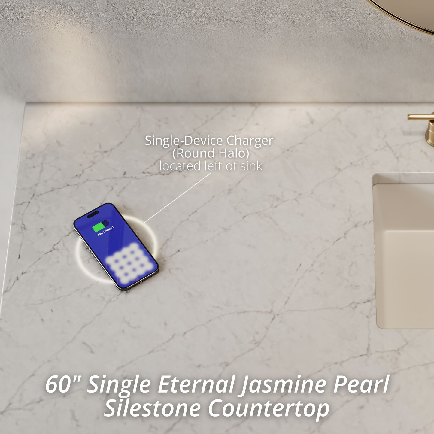 Breckenridge 60" Single Vanity, Smokey Celadon, w/ 3 CM Eternal Jasmine Pearl Silestone Top w/ FreePower Wireless Charger