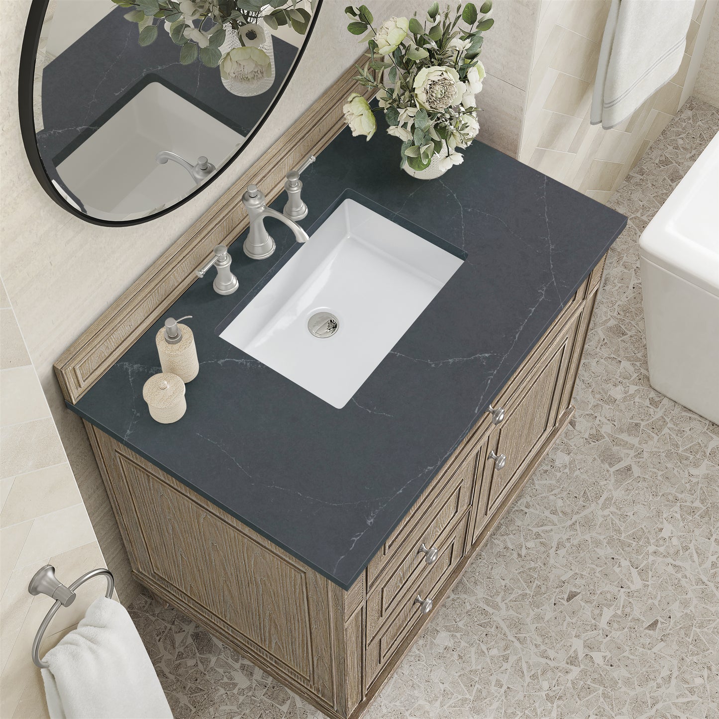 Lorelai 36" Single Vanity, Whitewashed Oak w/ 3 CM Charcoal Soapstone Silestone Top