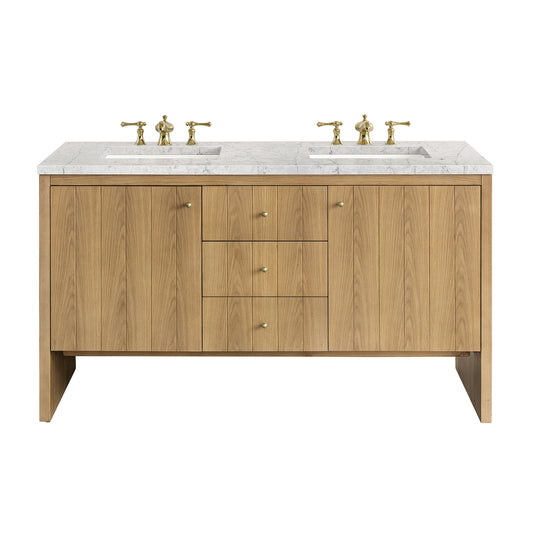 Hudson 60" Double Vanity, Light Natural Oak w/ 3 CM Eternal Jasmine Pearl Top