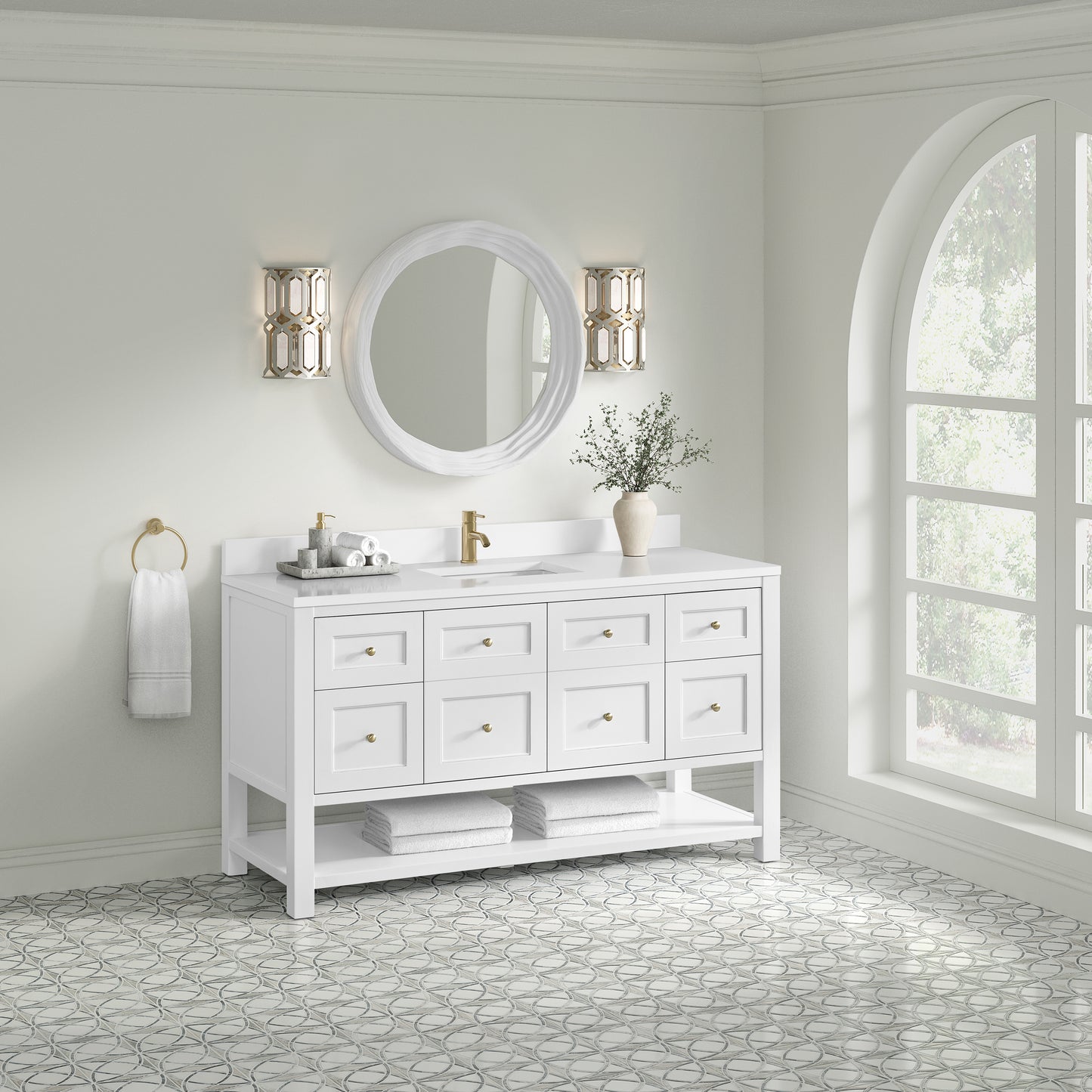 Breckenridge 60" Single Vanity, Bright White, w/ Single Hole 3 CM White Zeus Quartz Top & Backsplash