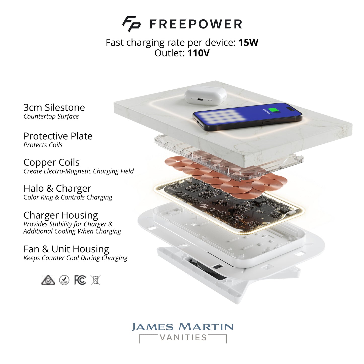 Hudson 60" Single Vanity, Light Natural Oak w/ 3 CM Ethereal Noctis Top w/ FreePower Wireless Charger