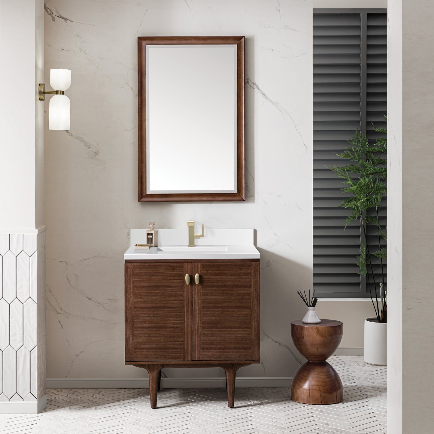 Amberly 30" Single Vanity, Mid-Century Walnut w/ Single Hole 3 CM White Zeus Top & Backsplash