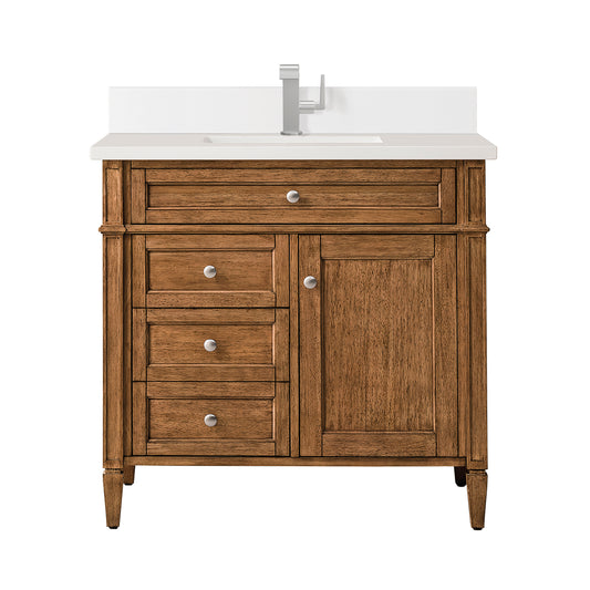 Brittany 36" Single Vanity, Saddle Brown w/ Single Hole 3 CM White Zeus Silestone Top & Backsplash