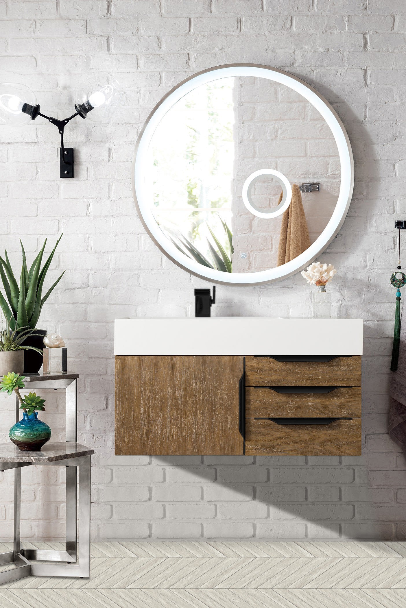 Columbia 36" Single Wall Mount Vanity, Latte Oak, Matte Black w/ Glossy White Composite Stone Top