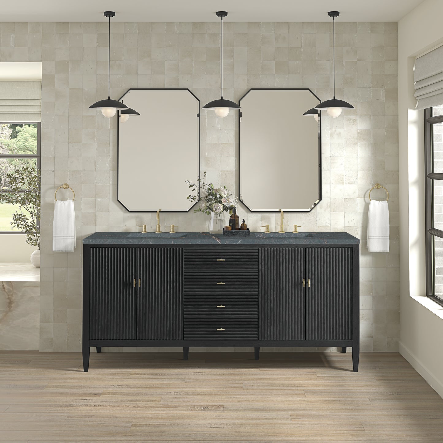 Myrrin 72" Double Vanity, Carbon Oak w/ 3 CM Parisien Bleu Silestone Top