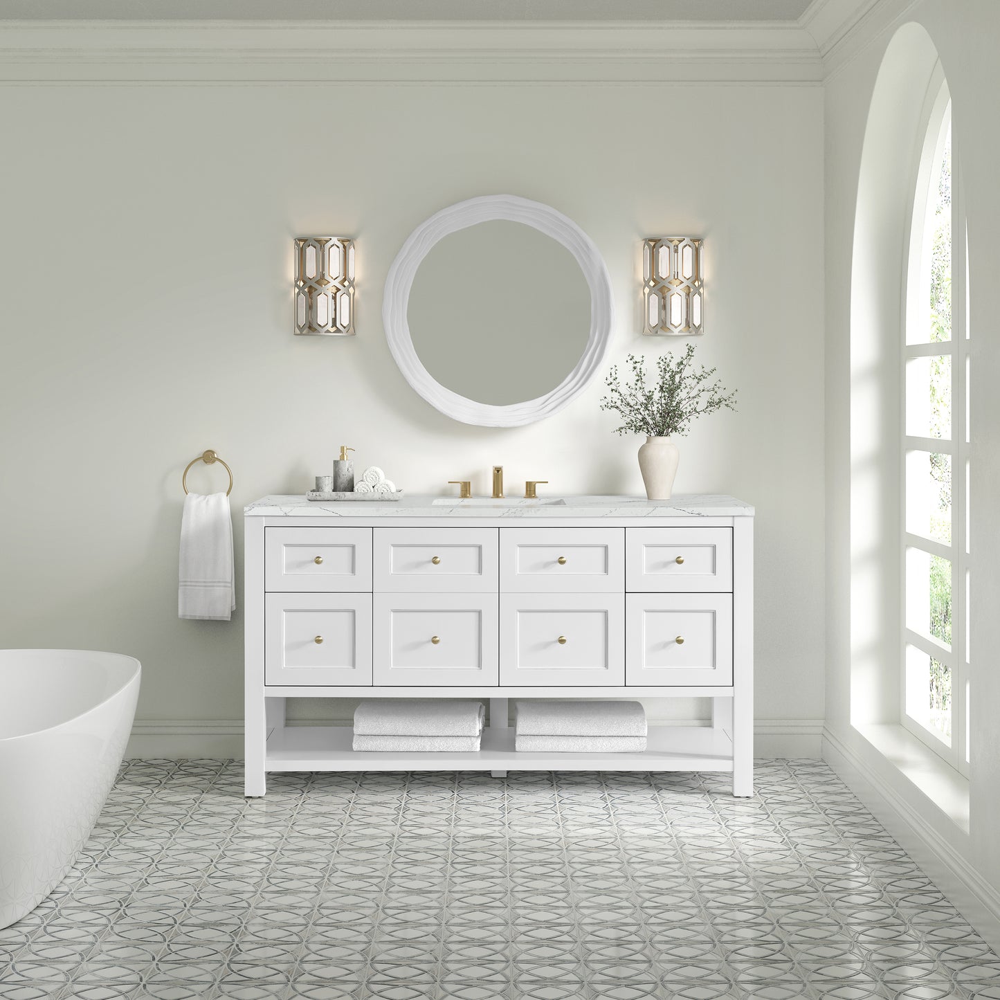 Breckenridge 60" Single Vanity, Bright White, w/ 3 CM Ethereal Noctis Quartz Top