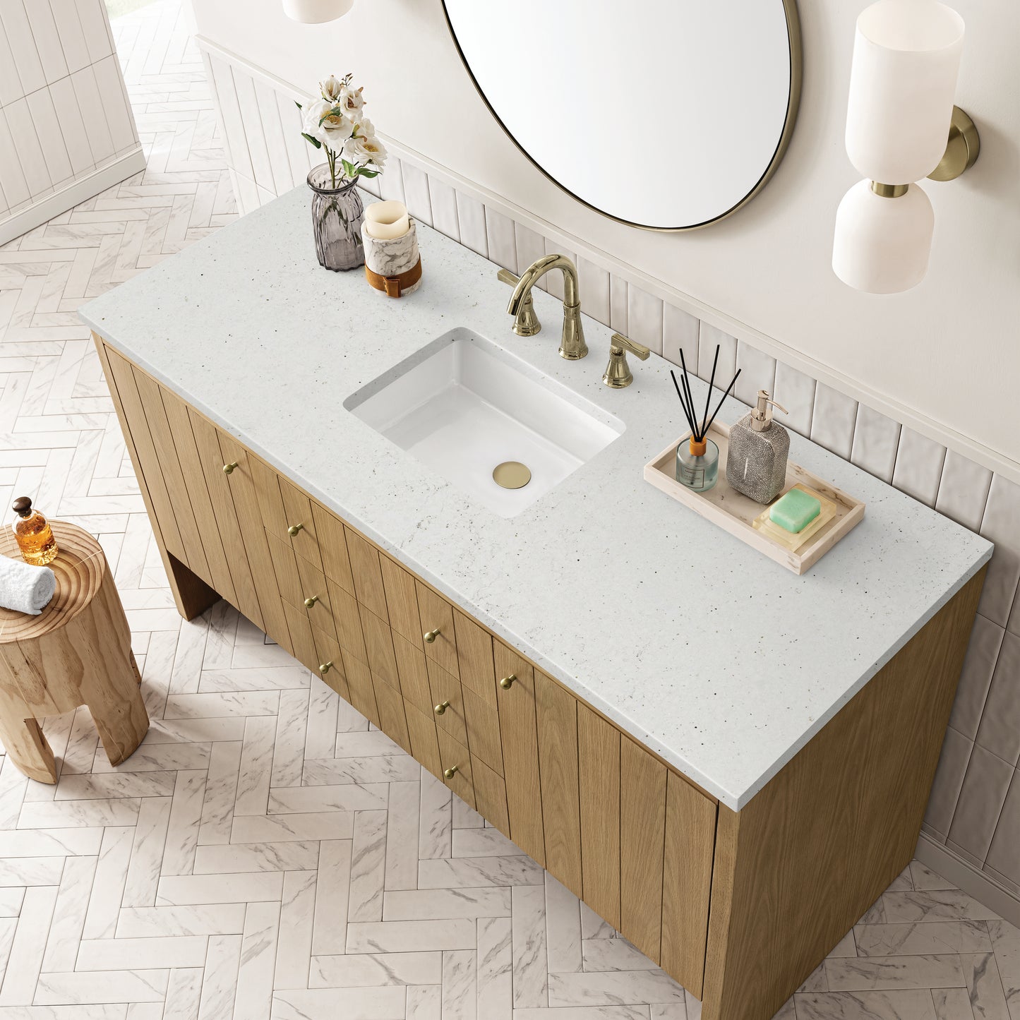 Hudson 60" Single Vanity, Light Natural Oak w/ 3 CM Lime Delight Top