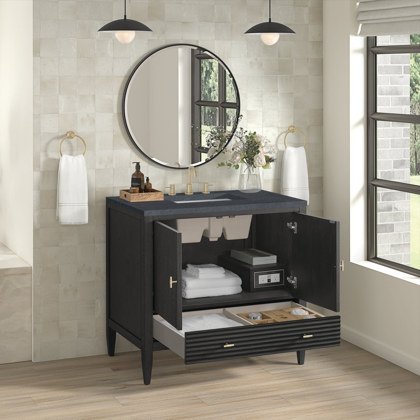 Myrrin 36" Vanity, Carbon Oak w/ 3 CM Charcoal Soapstone Silestone Top