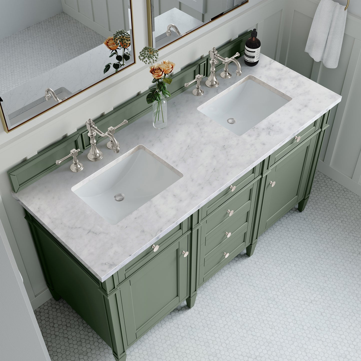Brittany 60" Double Vanity, Smokey Celadon w/ 3 CM Carrara Marble Top