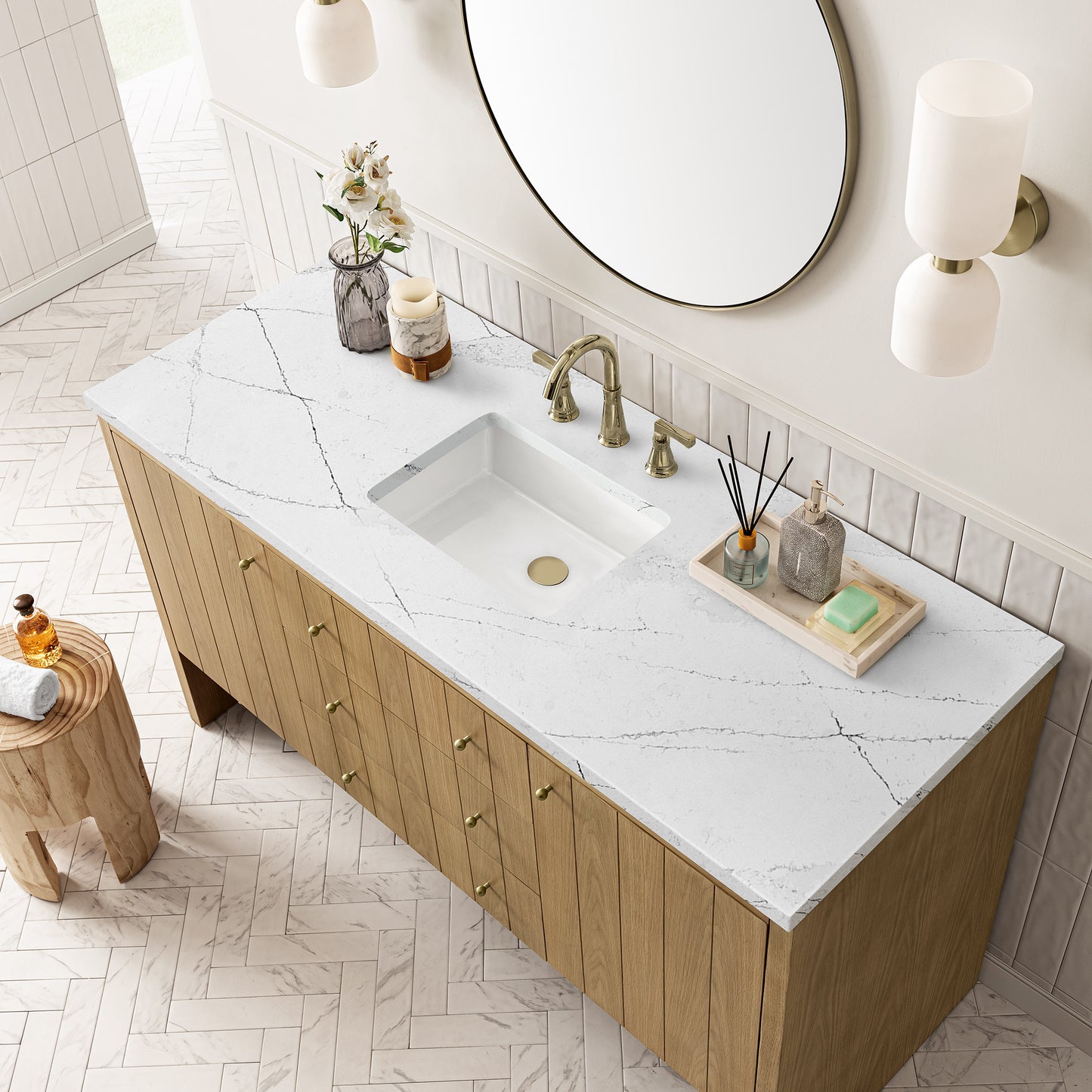 Hudson 60" Single Vanity, Light Natural Oak w/ 3 CM Ethereal Noctis Top