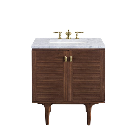 Amberly 30" Single Vanity, Mid-Century Walnut w/ 3 CM Carrara Marble Top