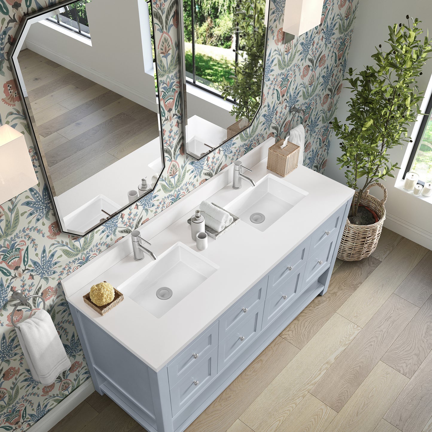 Breckenridge 60" Double Vanity, Serenity Blue, w/ Single Hole 3 CM White Zeus Quartz Top & Backsplash