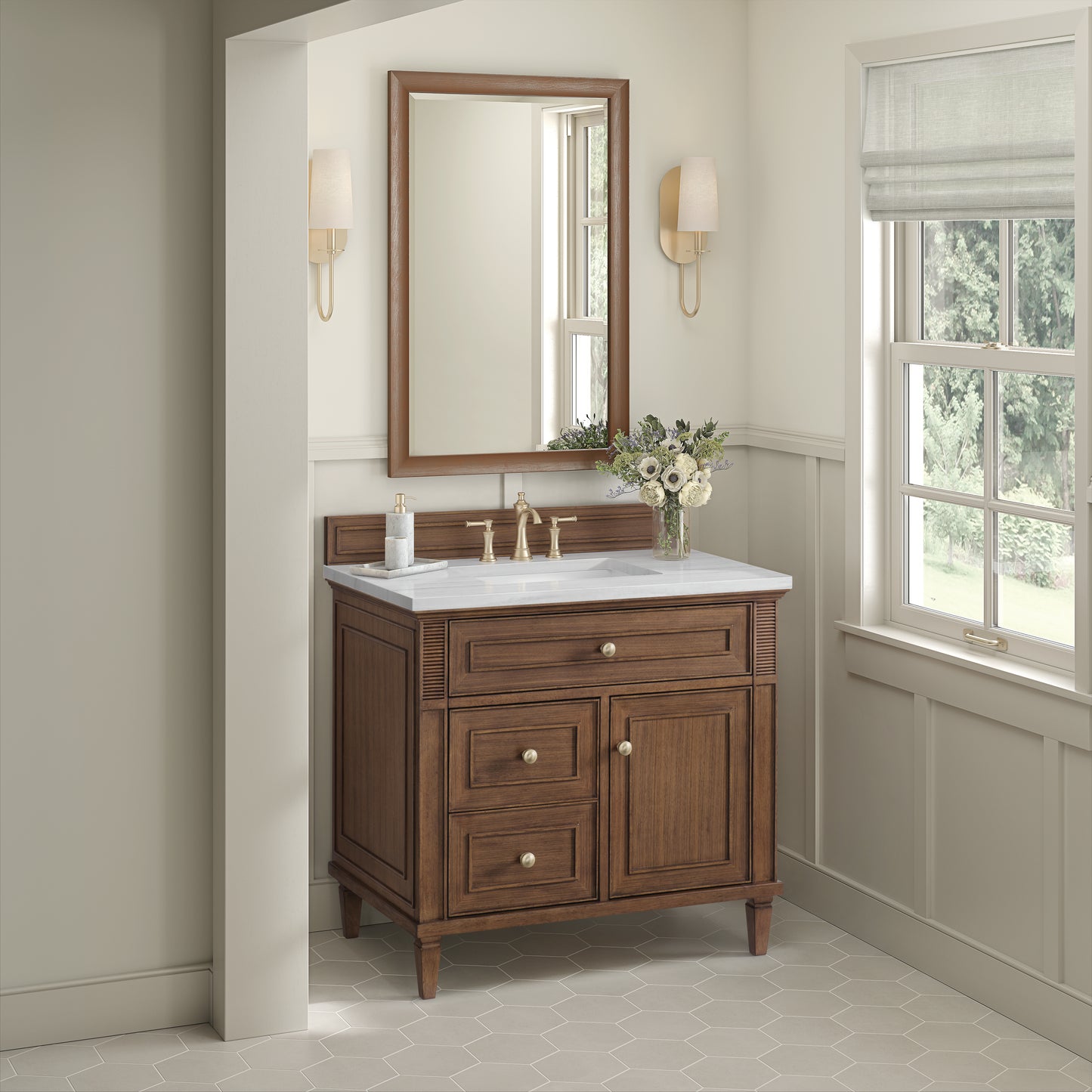 Lorelai 36" Single Vanity, Mid-Century Walnut w/ 3 CM Arctic Fall Solid Surface Top