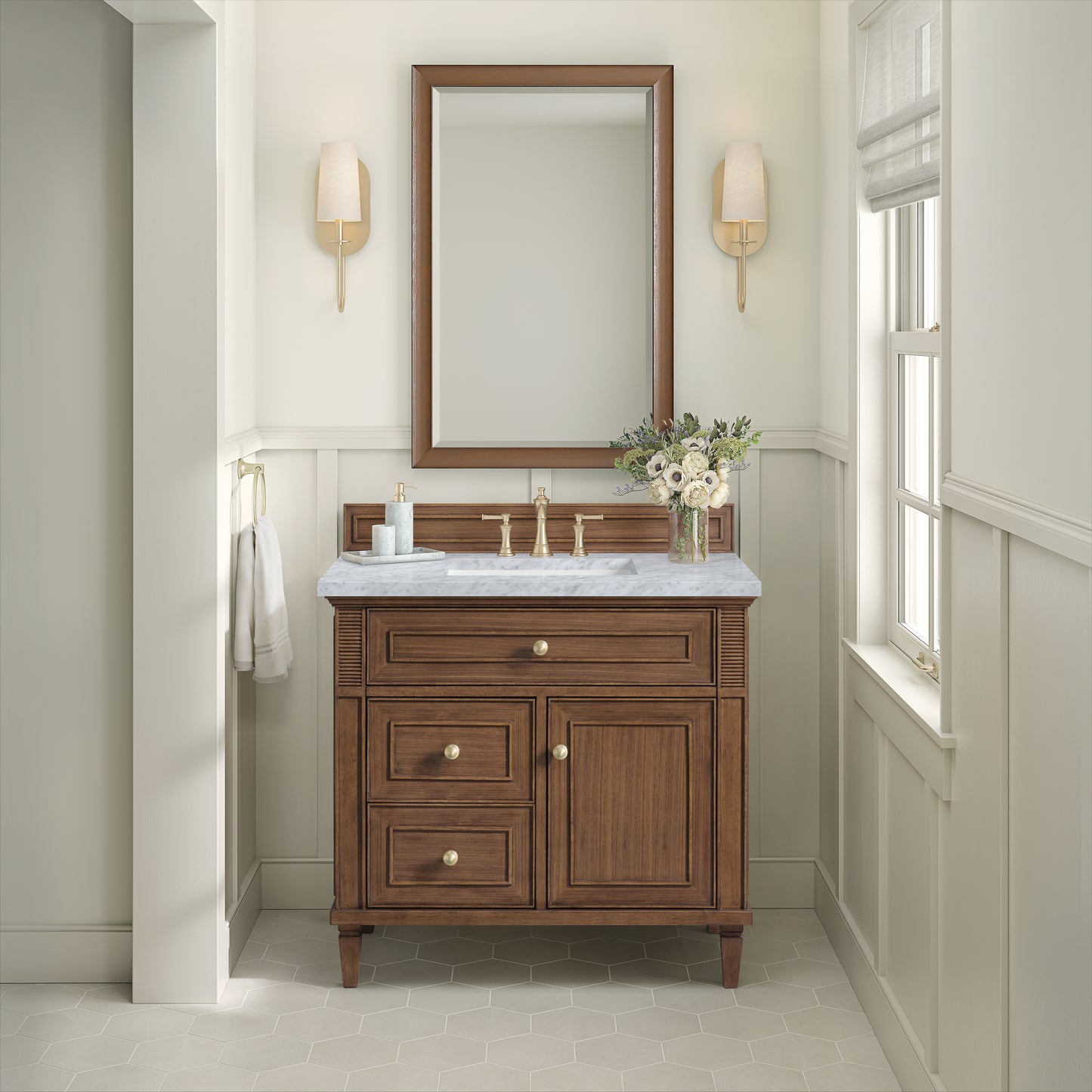 Lorelai 36" Single Vanity, Mid-Century Walnut w/ 3 CM Carrara White Marble Top
