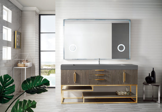 Columbia 72" Single Vanity, Ash Gray, Radiant Gold w/ Dusk Grey Glossy Composite Stone Top