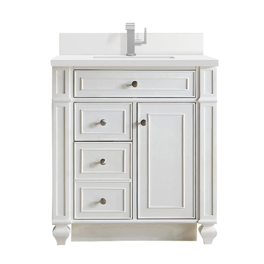 Bristol 30" Single Vanity, Bright White w/ Single Hole 3 CM White Zeus Silestone Top & Backsplash