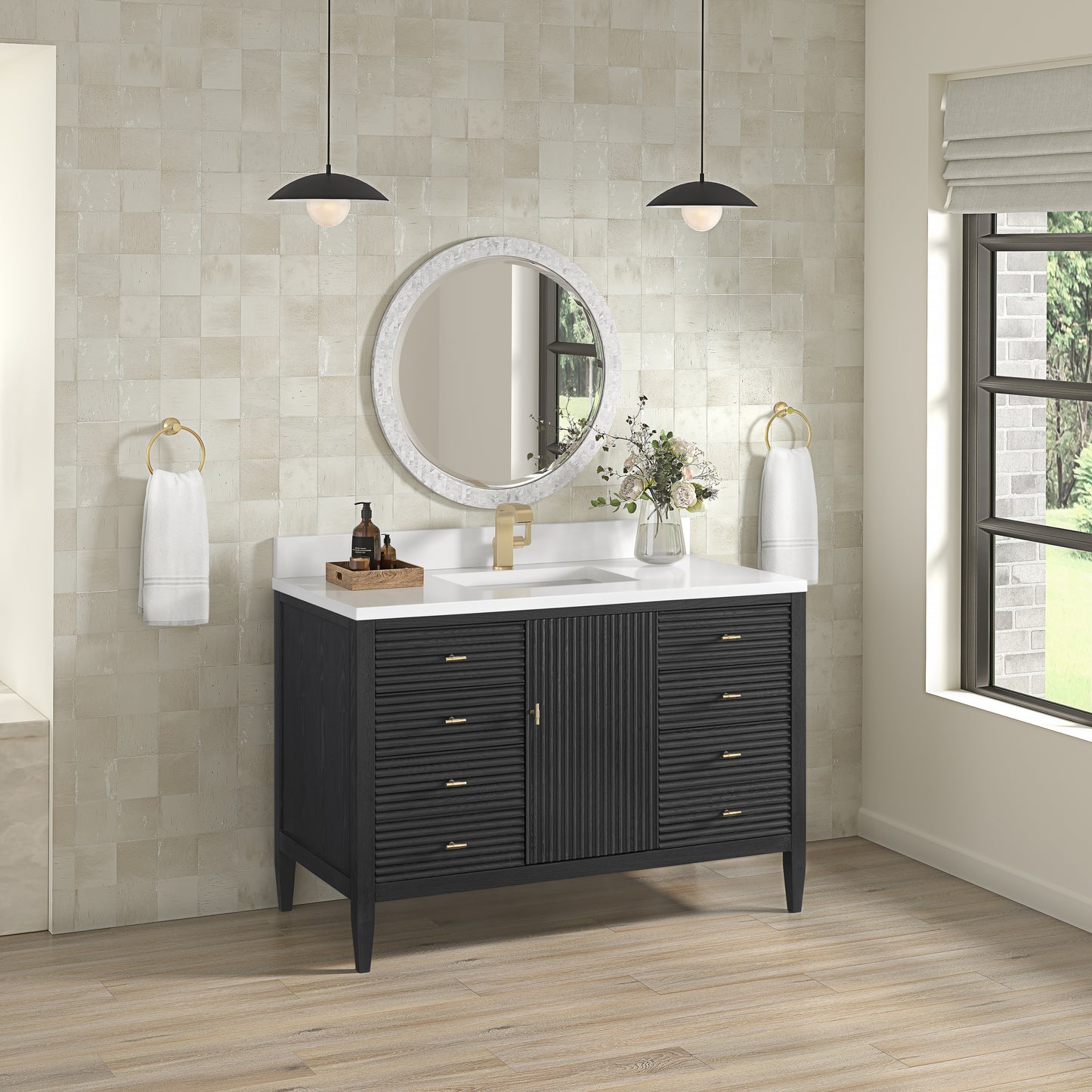 Myrrin 48" Vanity, Carbon Oak w/ 3 CM White Zeus Silestone Top