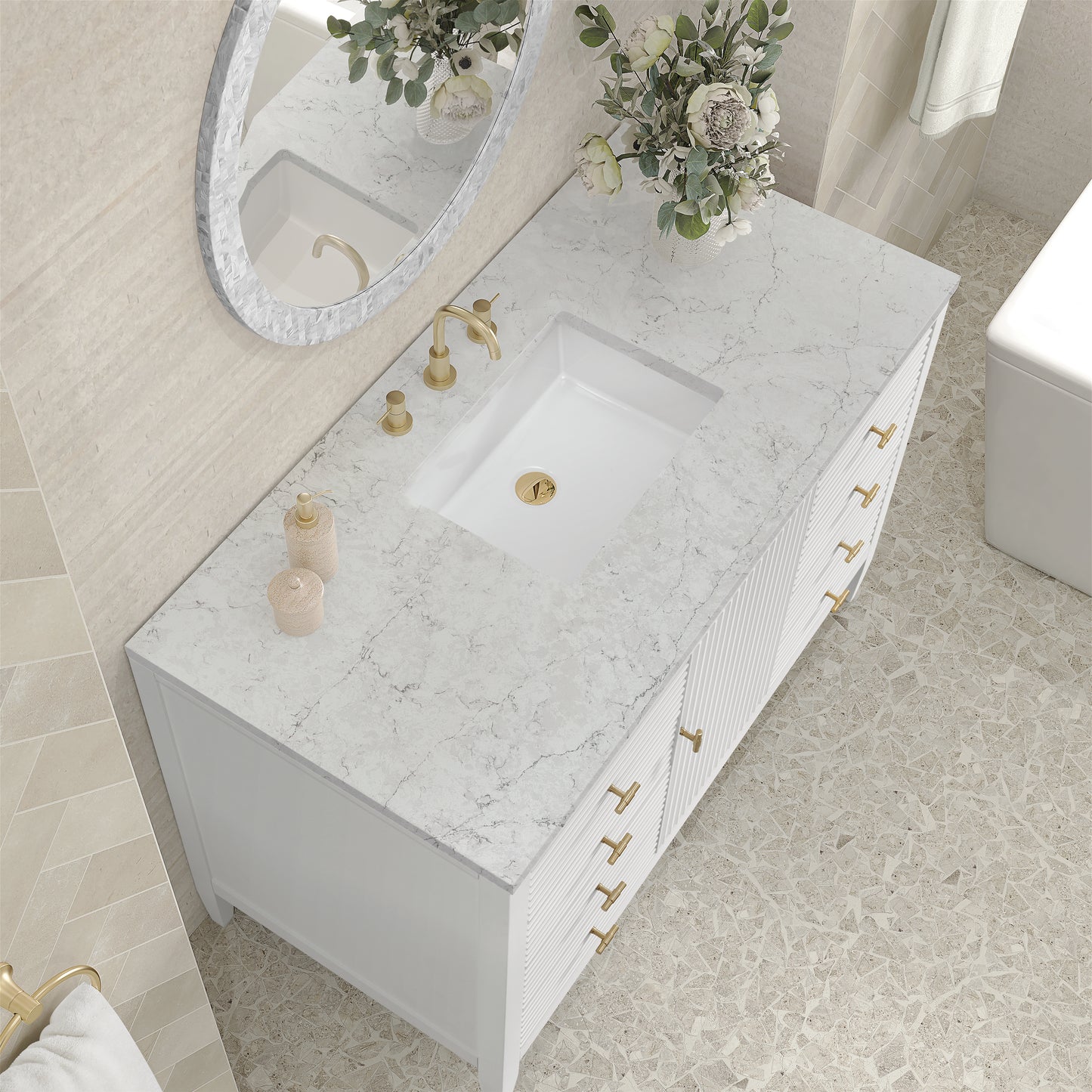 Myrrin 48" Vanity, Bright White w/ 3 CM Eternal Jasmine Pearl Silestone Top