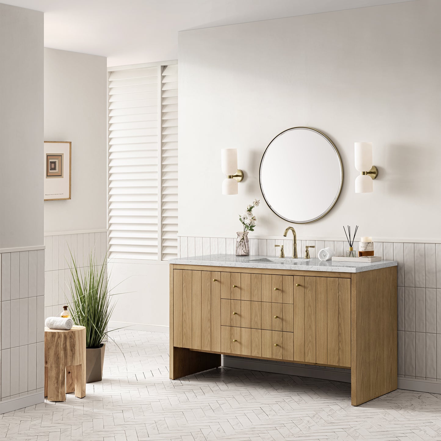 Hudson 60" Single Vanity, Light Natural Oak w/ 3 CM Eternal Jasmine Pearl Top