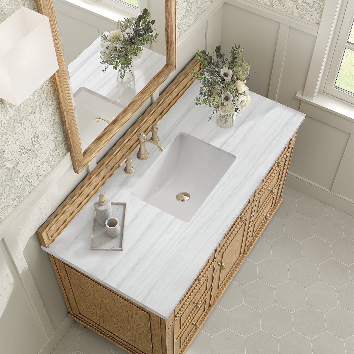 Lorelai 48" Single Vanity, Light Natural Oak w/ 3 CM Arctic Fall Solid Surface Top