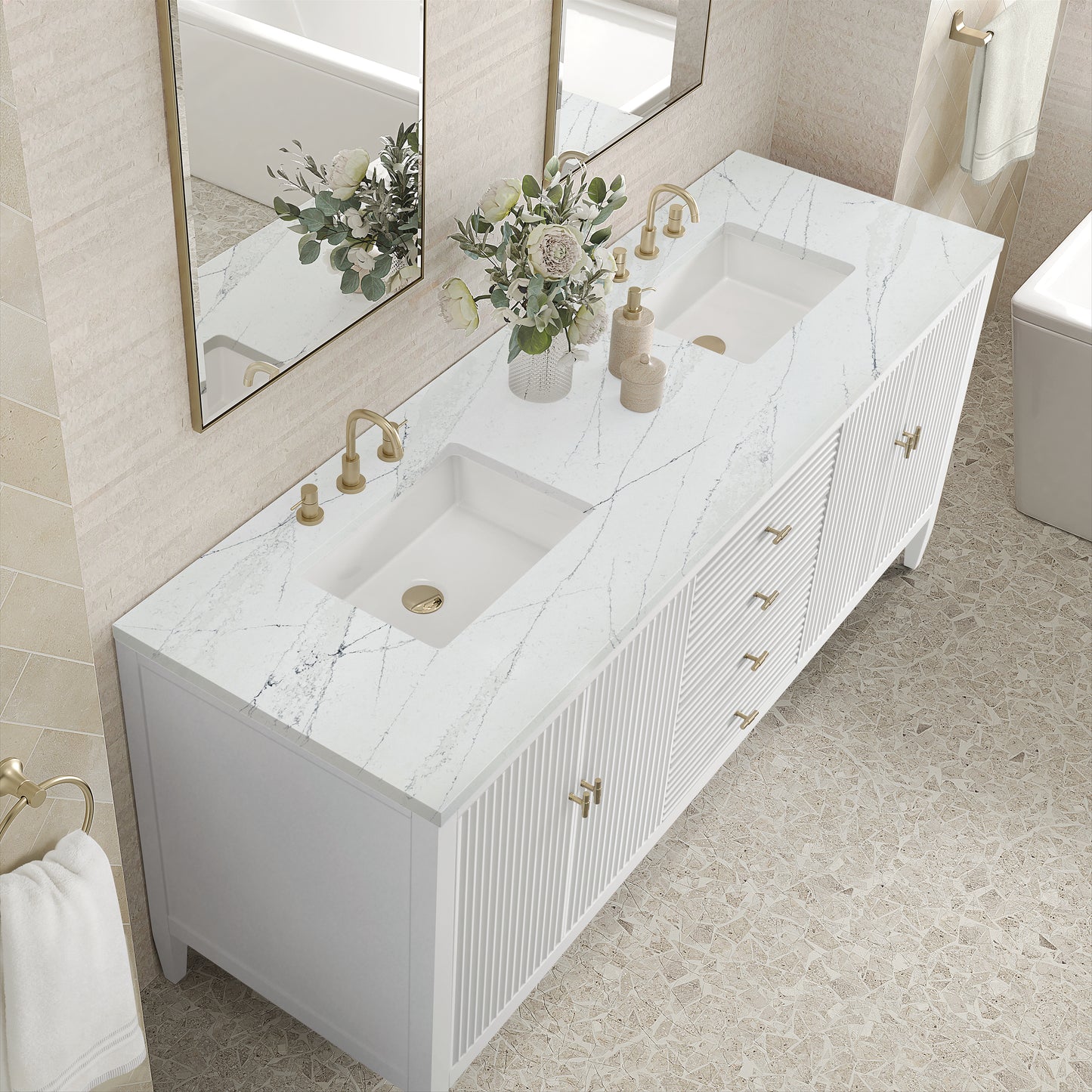 Myrrin 72" Double Vanity, Bright White w/ 3 CM Ethereal Noctis Silestone Top