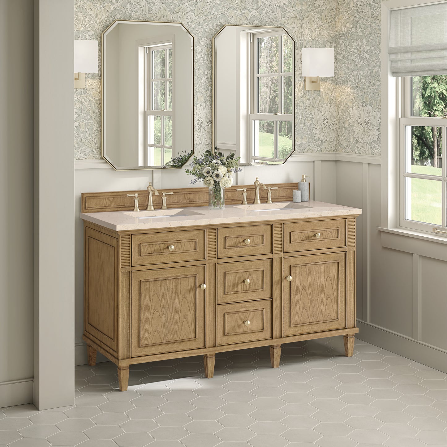 Lorelai 60" Double Vanity, Light Natural Oak w/ 3 CM Eternal Marfil Silestone Top