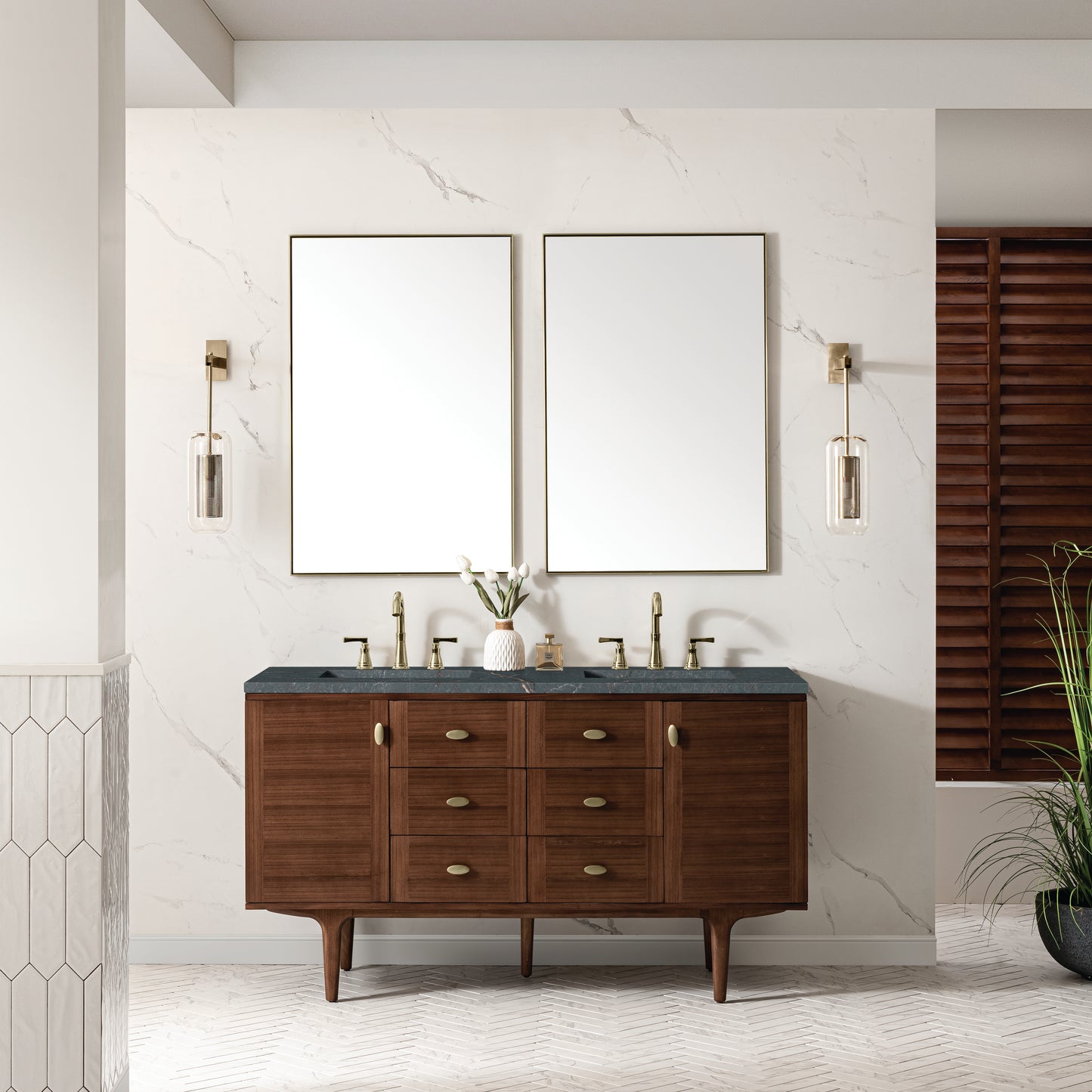 Amberly 60" Double Vanity, Mid-Century Walnut w/ 3 CM Parisien Bleu Top