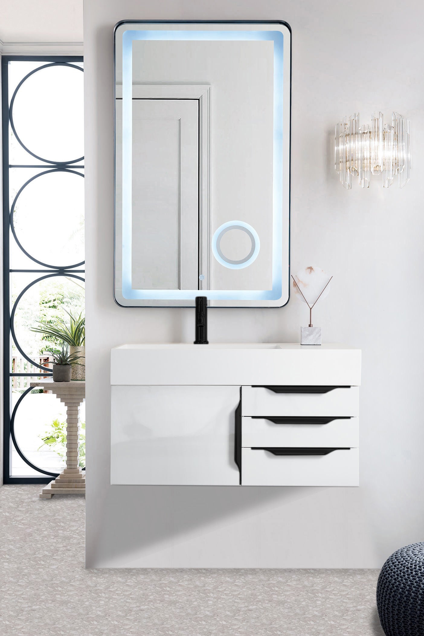 Columbia 36" Single Wall Mount Vanity, Glossy White, Matte Black w/ Glossy White Composite Stone Top