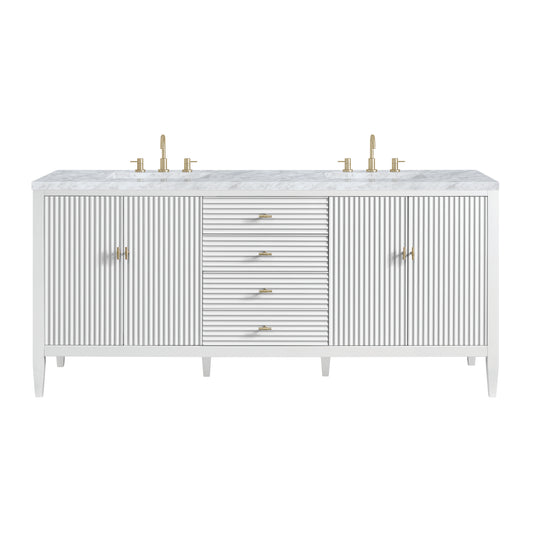 Myrrin 72" Double Vanity, Bright White w/ 3 CM Carrara White Marble Top