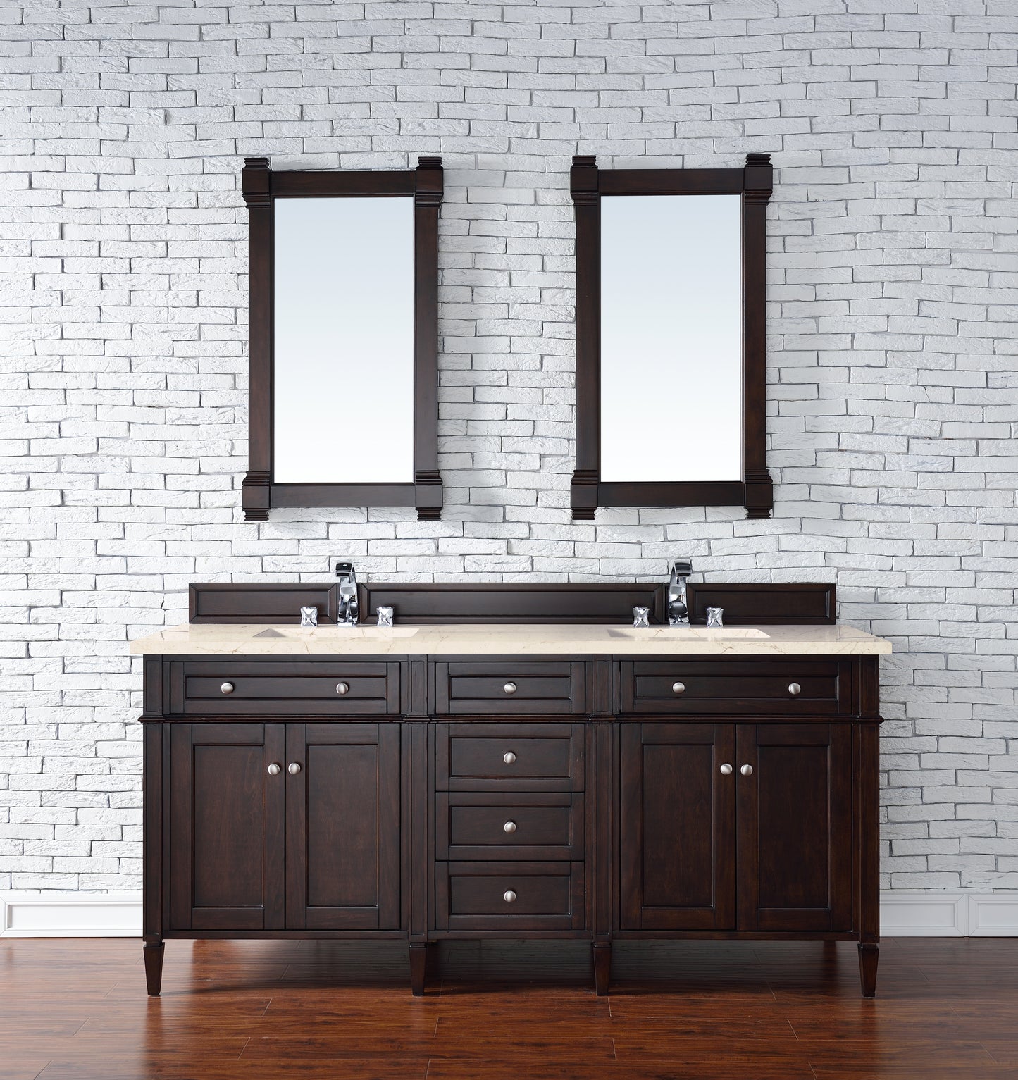 Brittany 72" Double Vanity, Burnished Mahogany w/ 3 CM Eternal Marfil Silestone Top