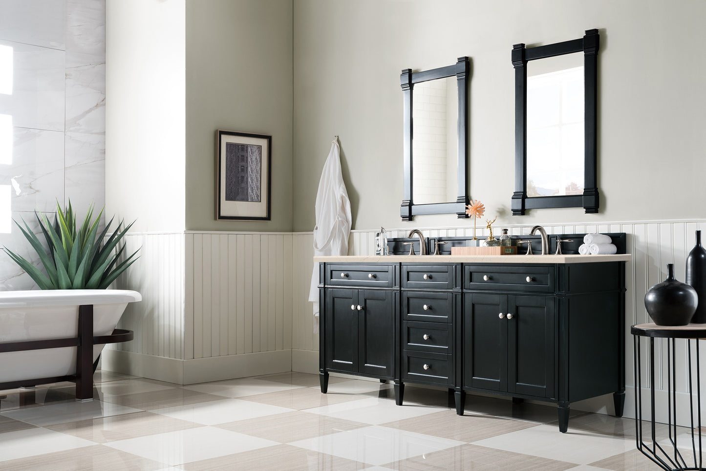 Brittany 72" Double Vanity, Black Onyx w/ 3 CM Eternal Marfil Silestone Top