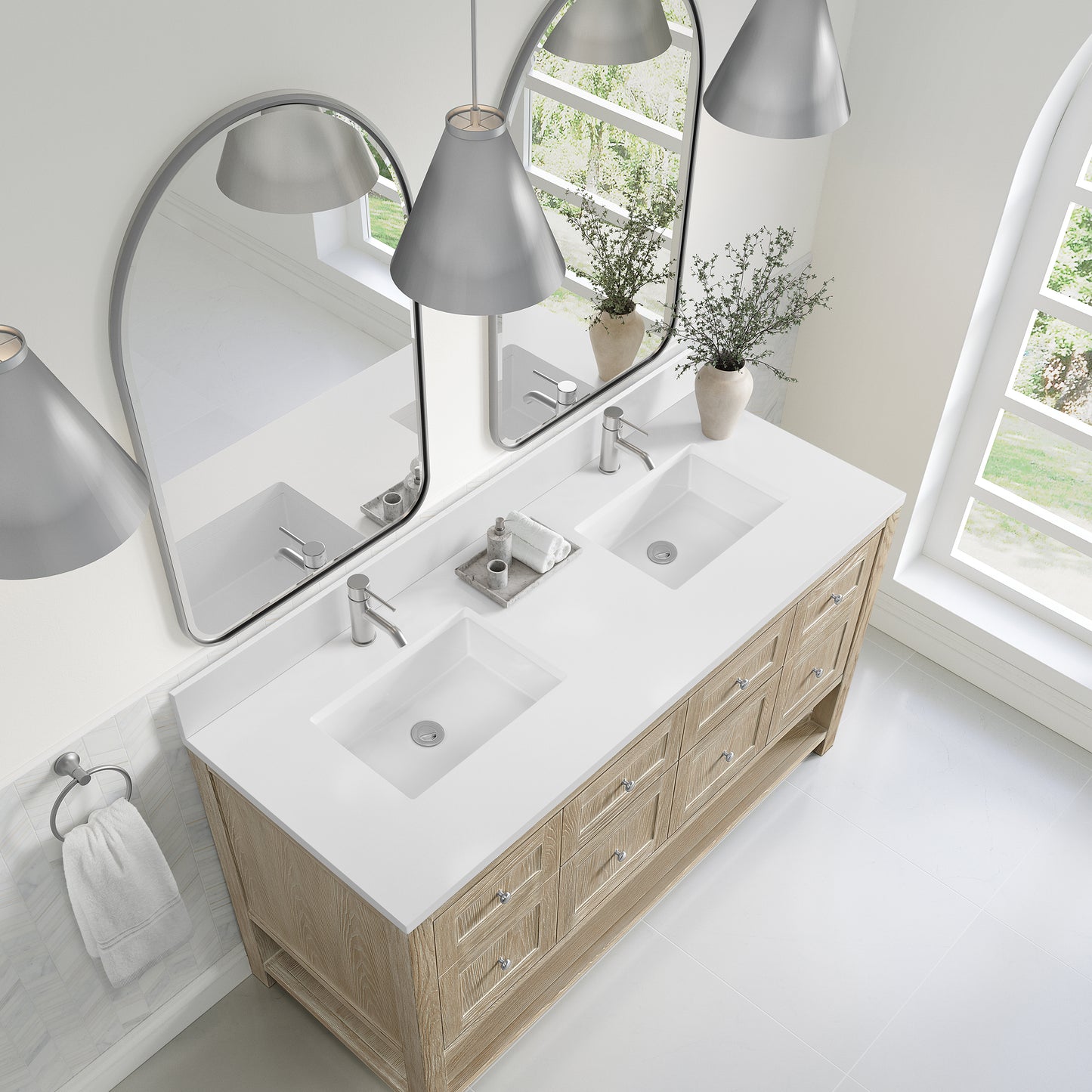 Breckenridge 60" Double Vanity, Whitewashed Oak, w/ Single Hole 3 CM White Zeus Quartz Top & Backsplash