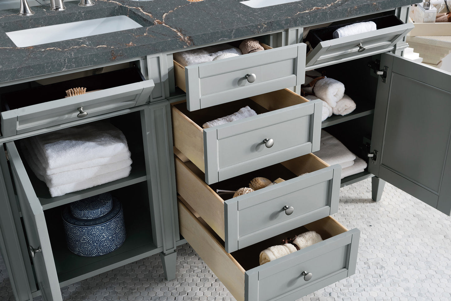 Brittany 60" Double Vanity, Urban Gray w/ 3 CM Parisien Bleu Silestone Top