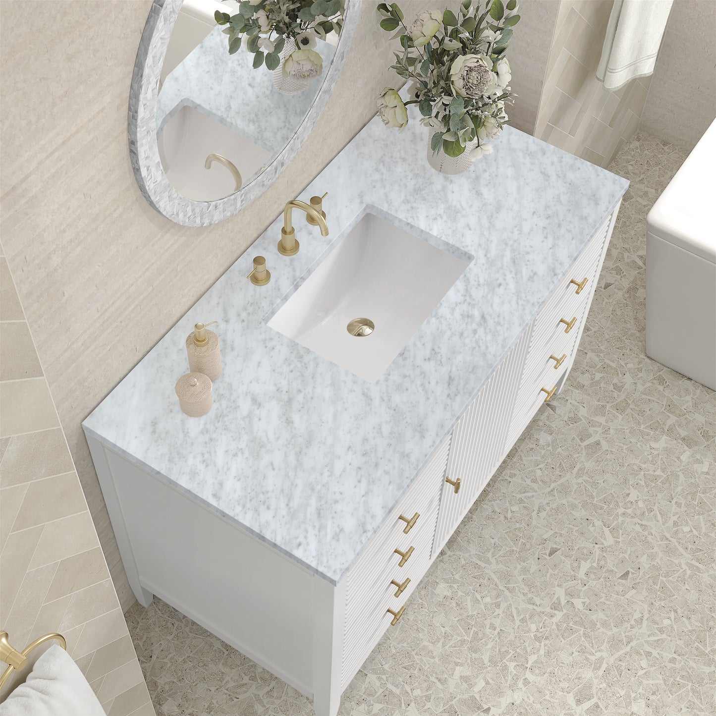 Myrrin 48" Vanity, Bright White w/ 3 CM Carrara White Marble Top