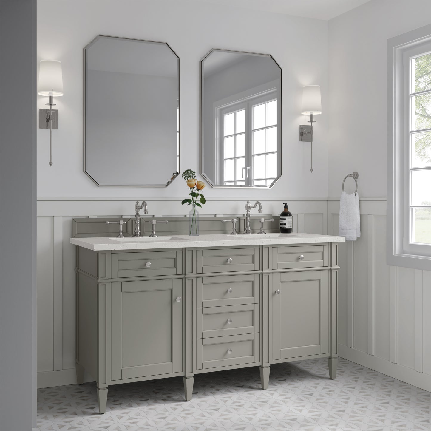 Brittany 60" Double Vanity, Urban Gray w/ 3 CM Lime Delight Silestone Top