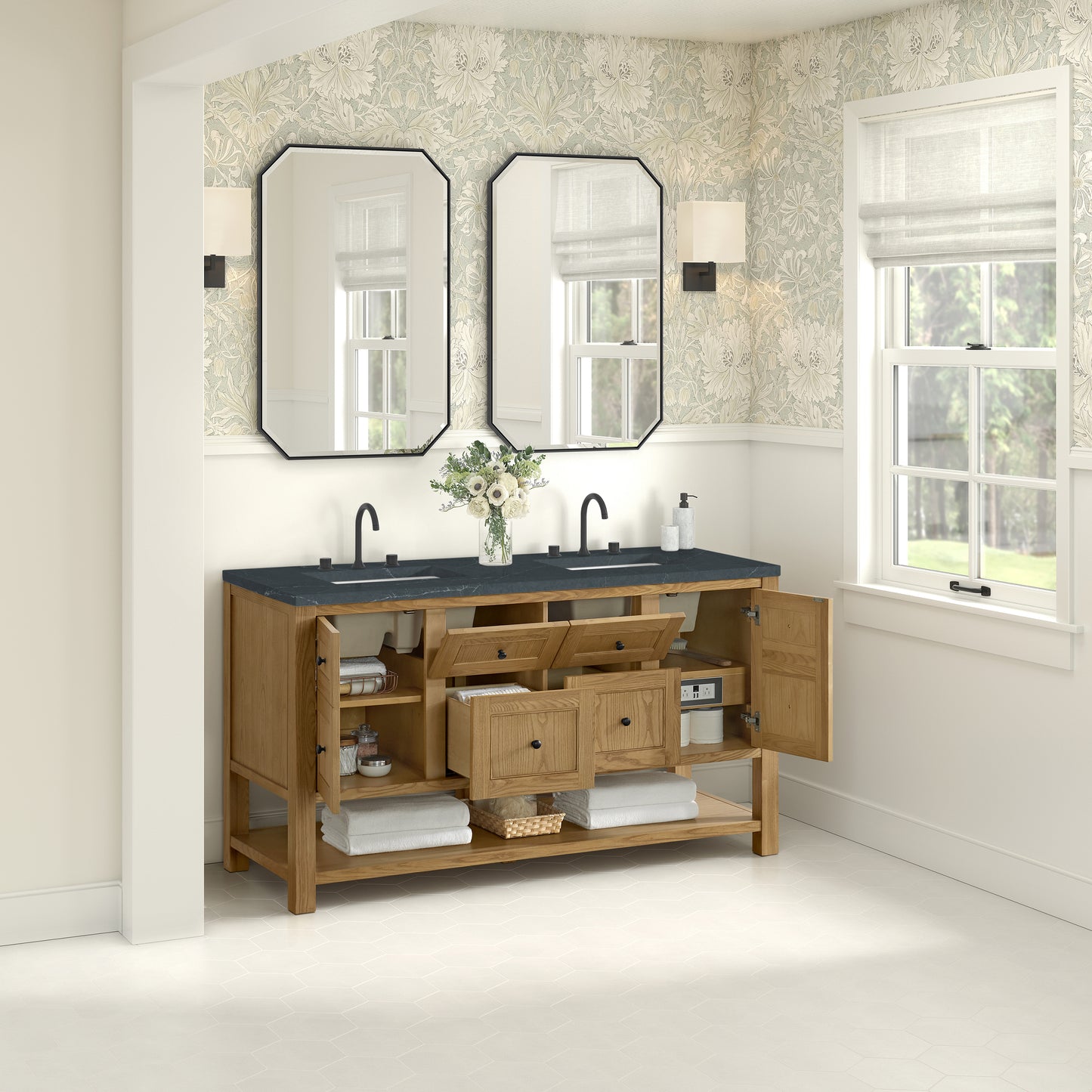 Breckenridge 60" Double Vanity, Light Natural Oak, w/ 3 CM Charcoal Soapstone Quartz Top