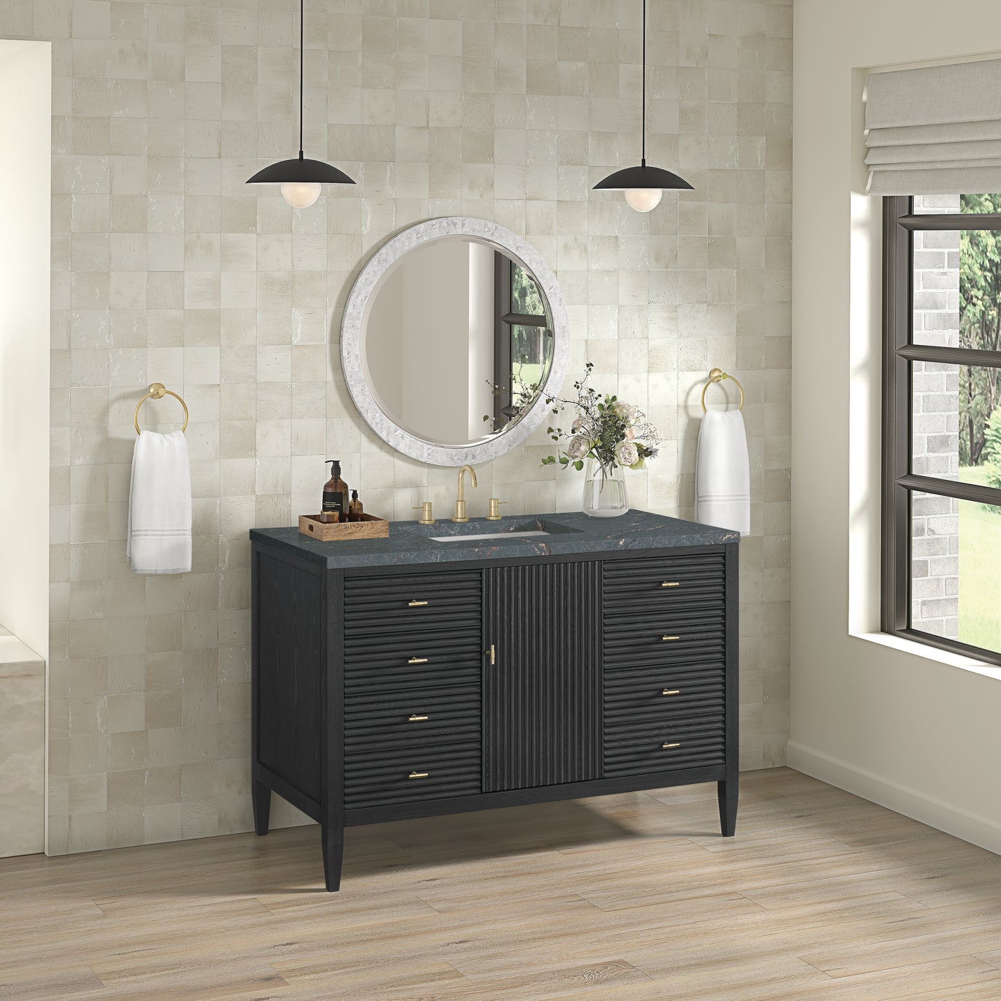 Myrrin 48" Vanity, Carbon Oak w/ 3 CM Parisien Bleu Silestone Top