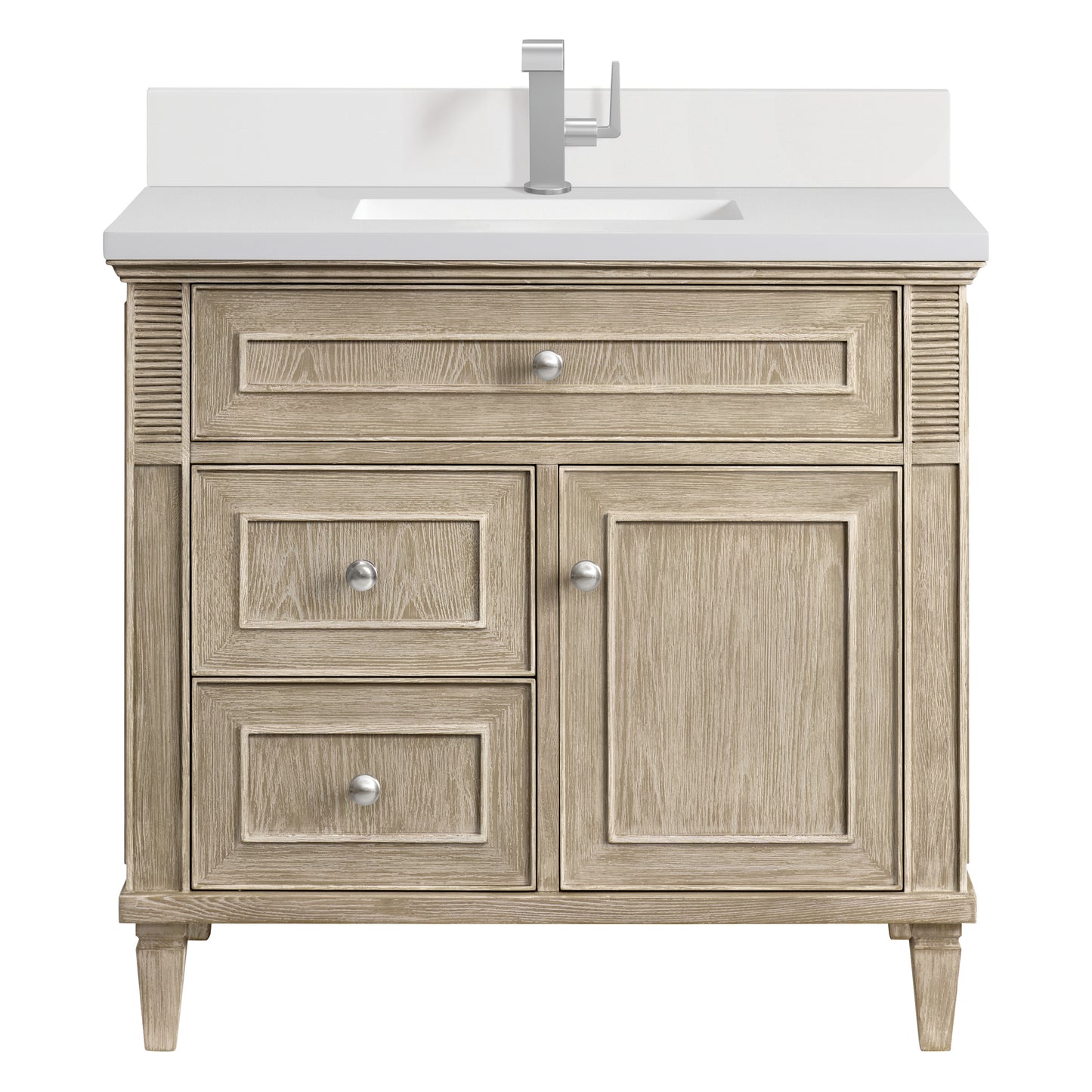 Lorelai 36" Single Vanity, Whitewashed Oak w/ Single Hole 3 CM White Zeus Silestone Top & Backsplash