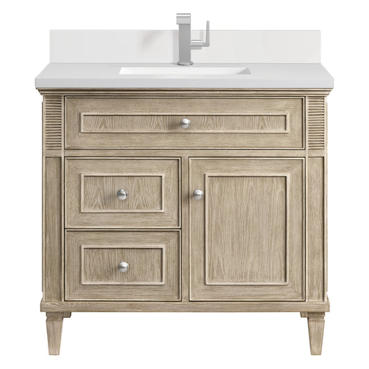 Lorelai 36" Single Vanity, Whitewashed Oak w/ Single Hole 3 CM White Zeus Silestone Top & Backsplash