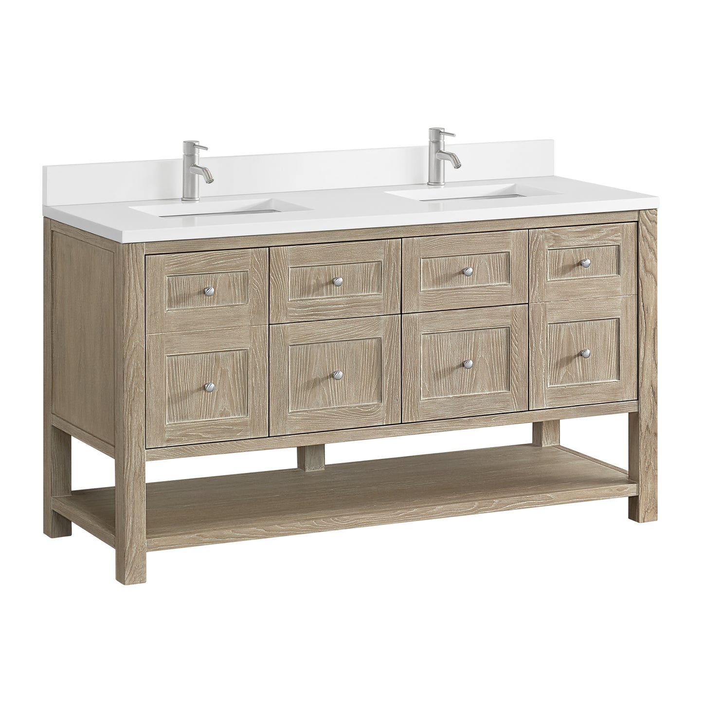Breckenridge 60" Double Vanity, Whitewashed Oak, w/ Single Hole 3 CM White Zeus Quartz Top & Backsplash