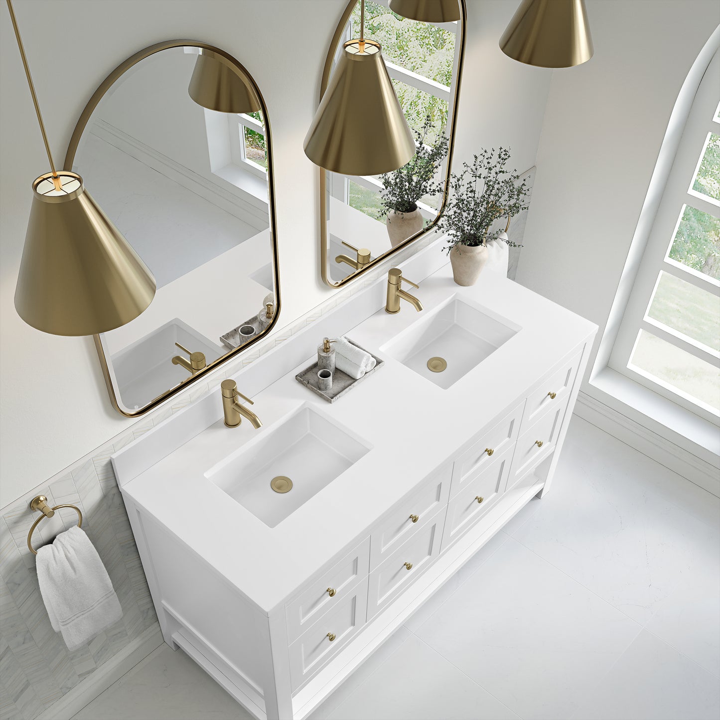 Breckenridge 60" Double Vanity, Bright White, w/ Single Hole 3 CM White Zeus Quartz Top & Backsplash