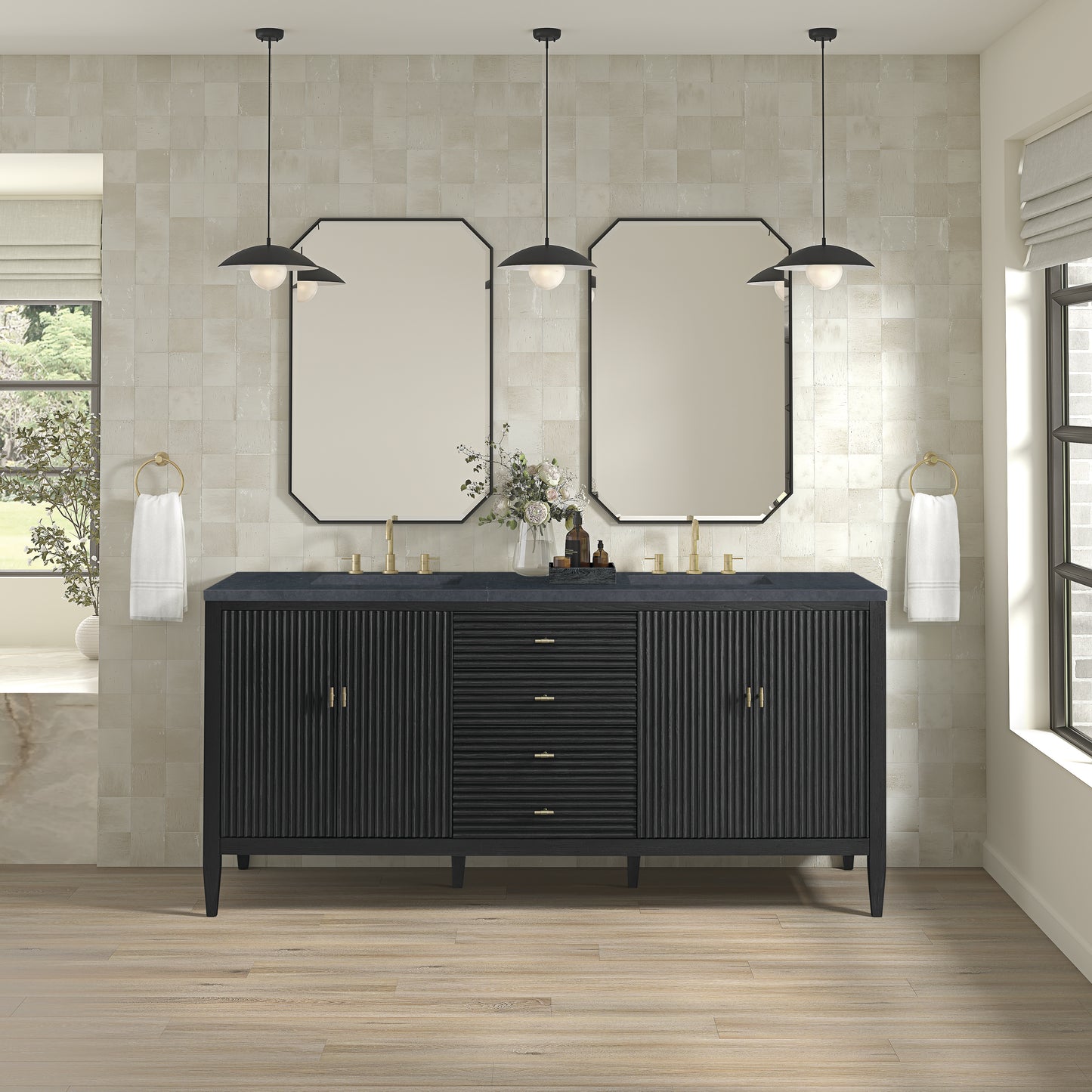 Myrrin 72" Double Vanity, Carbon Oak w/ 3 CM Charcoal Soapstone Silestone Top