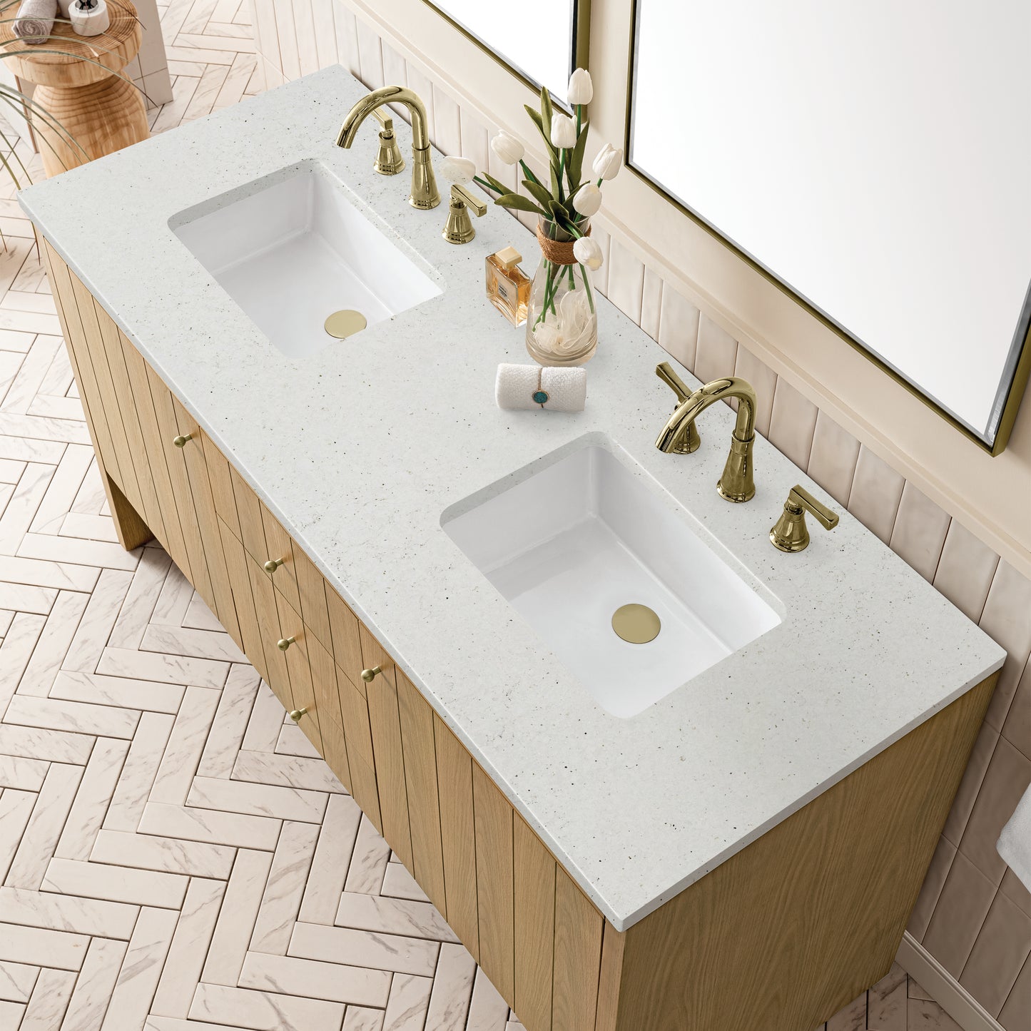 Hudson 60" Double Vanity, Light Natural Oak w/ 3 CM Lime Delight Top