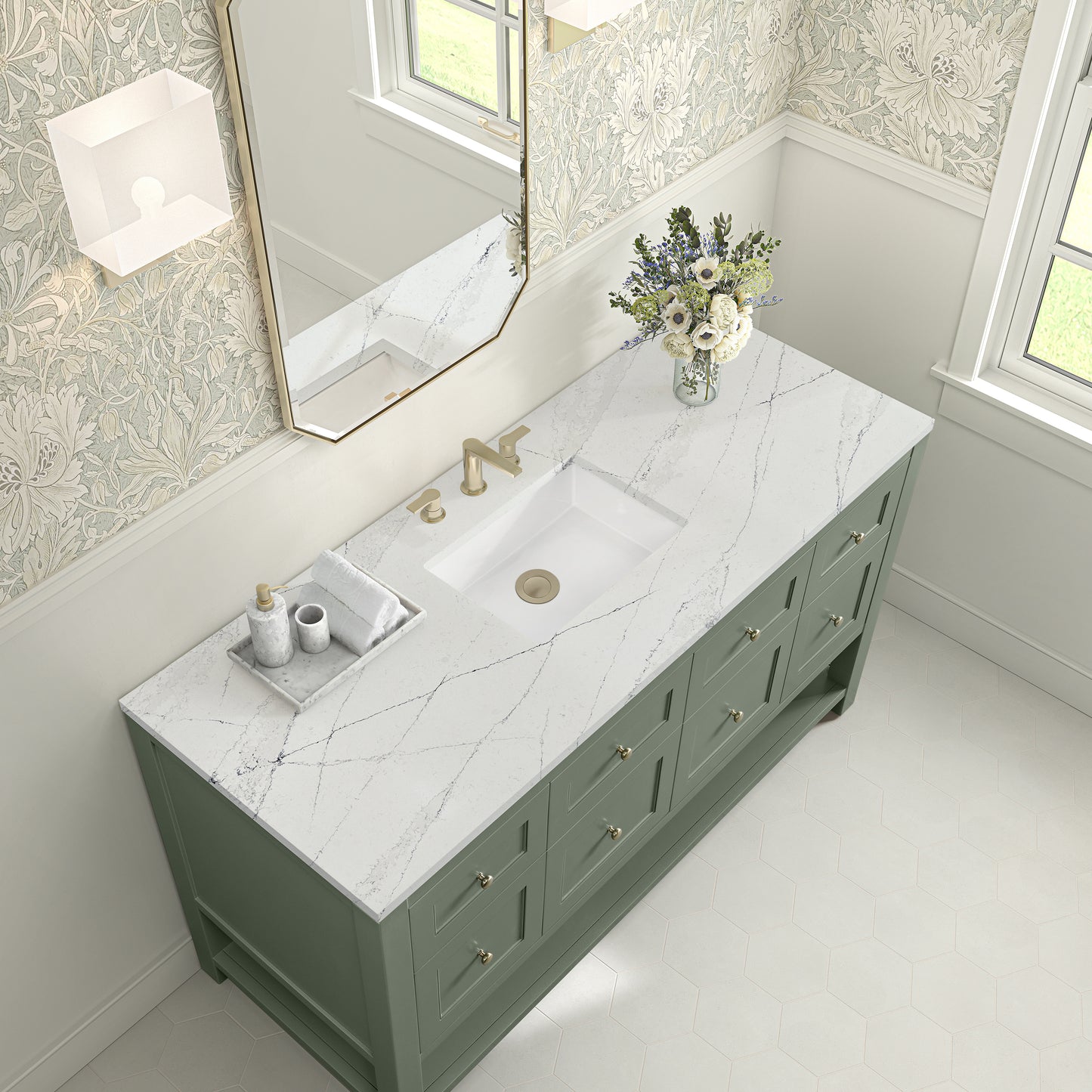 Breckenridge 60" Single Vanity, Smokey Celadon, w/ 3 CM Ethereal Noctis Quartz Top