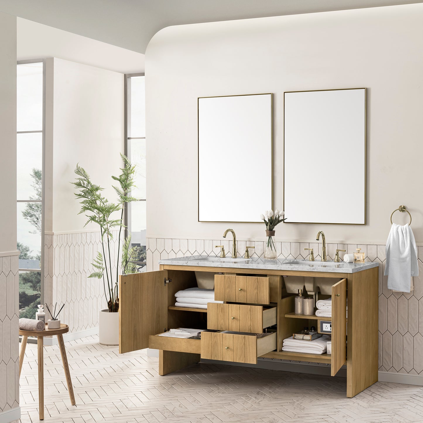 Hudson 60" Double Vanity, Light Natural Oak w/ 3 CM Eternal Jasmine Pearl Top