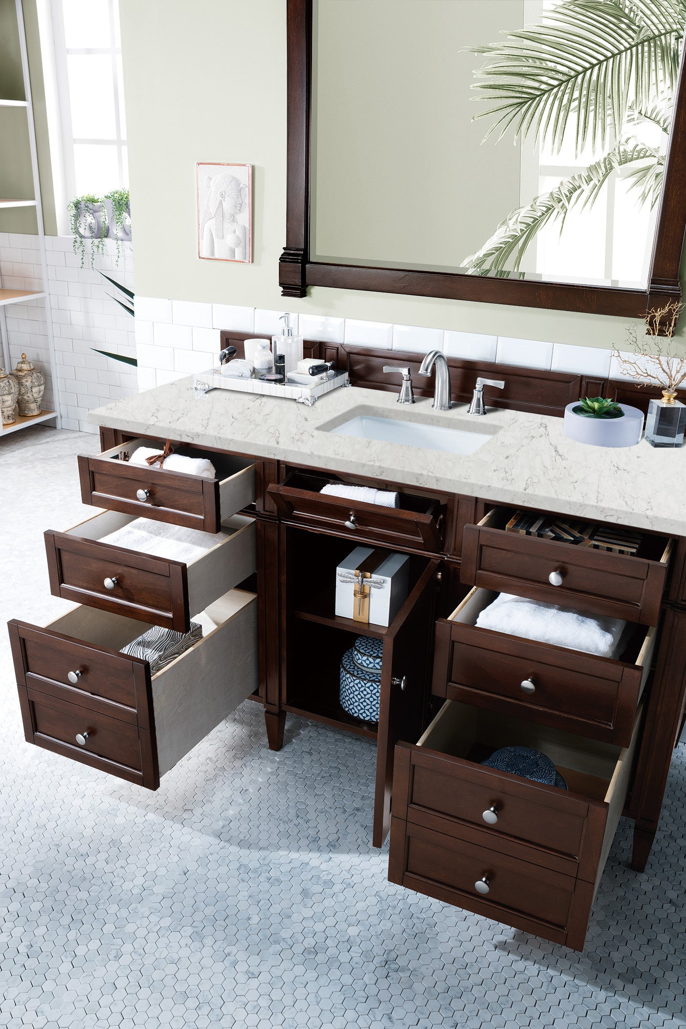 Brittany 60" Single Vanity, Burnished Mahogany w/ 3 CM Eternal Jasmine Pearl Silestone Top